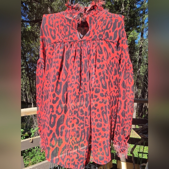 Zara 1975 Jeans Collection Red&Black Leopard Print Sheer Long Sleeve Blouse SzM - Picture 7 of 10